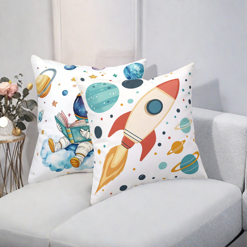 TEMU 2pcs Throw Pillows Covers, Space-themed Decorative Pillowcases With Astronaut, Rocket And Planets Patterns. Ideal For Space-loving Enthusiasts,
