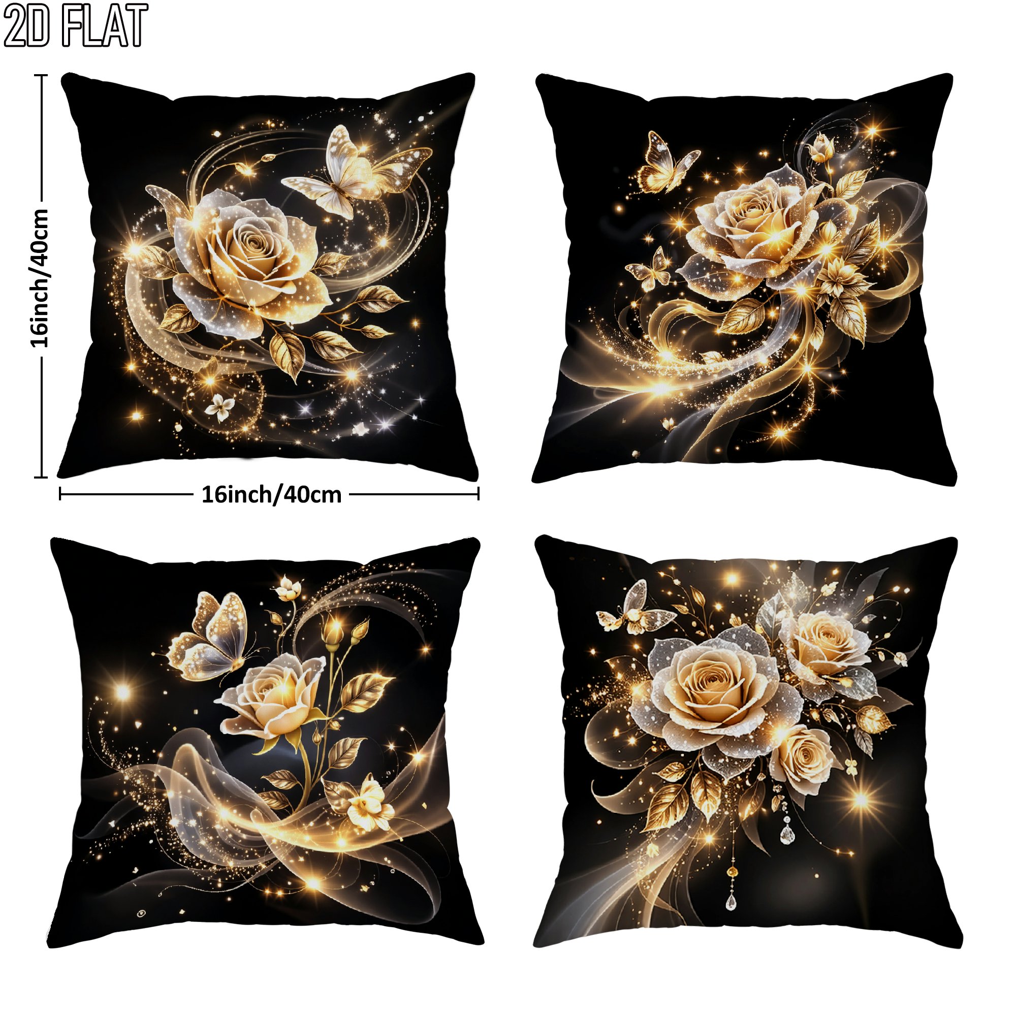 TEMU 2d Flat 4pcs Outdoor Pool Party Elegant Floral Golden Rose Throw Pillow Covers Black Decorative Pillowcases 1 Sided Printing For Living Room