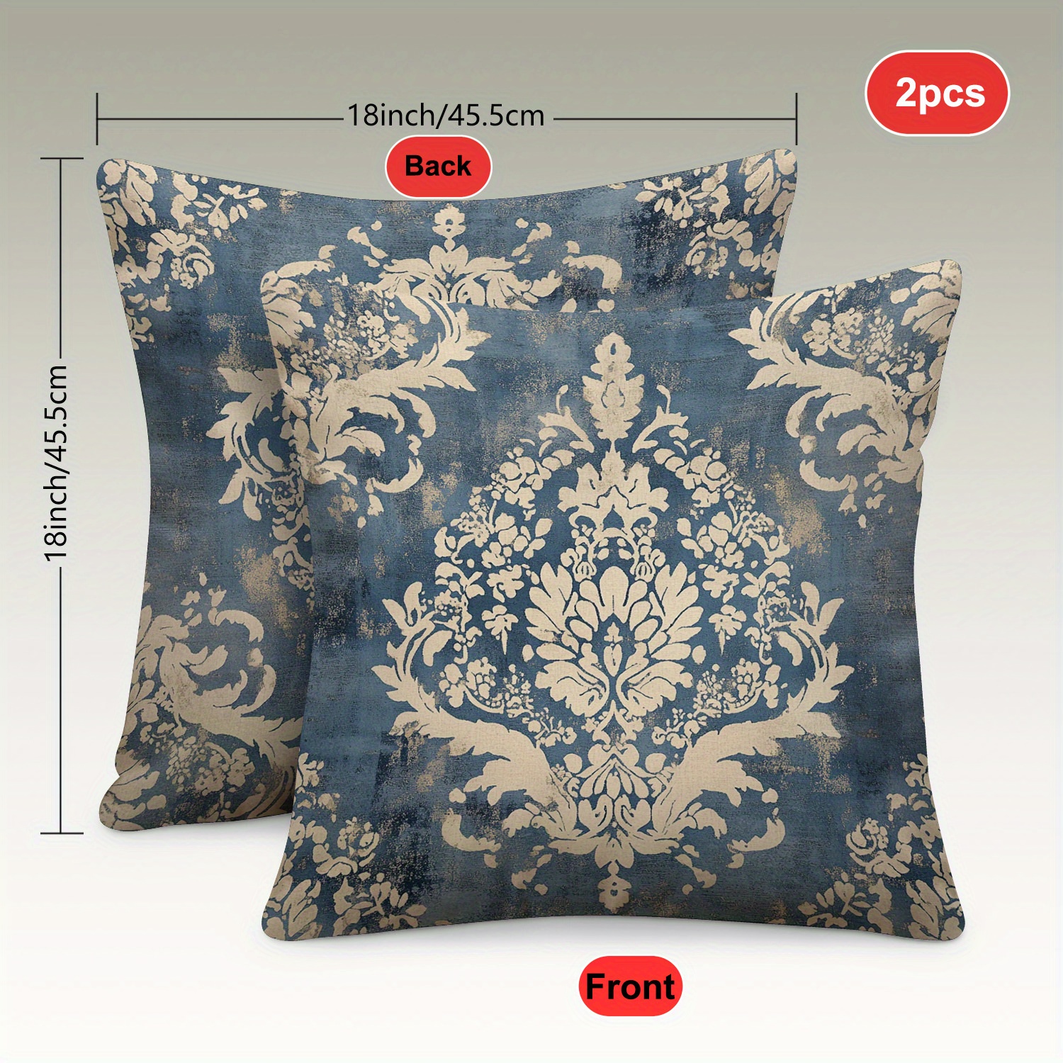 TEMU 2pcs Housse de coussin en peluche florale baroque vintage, bleu et beige, , 18x18 pouces, fermeture éclair, lavable en machine - Style de luxe