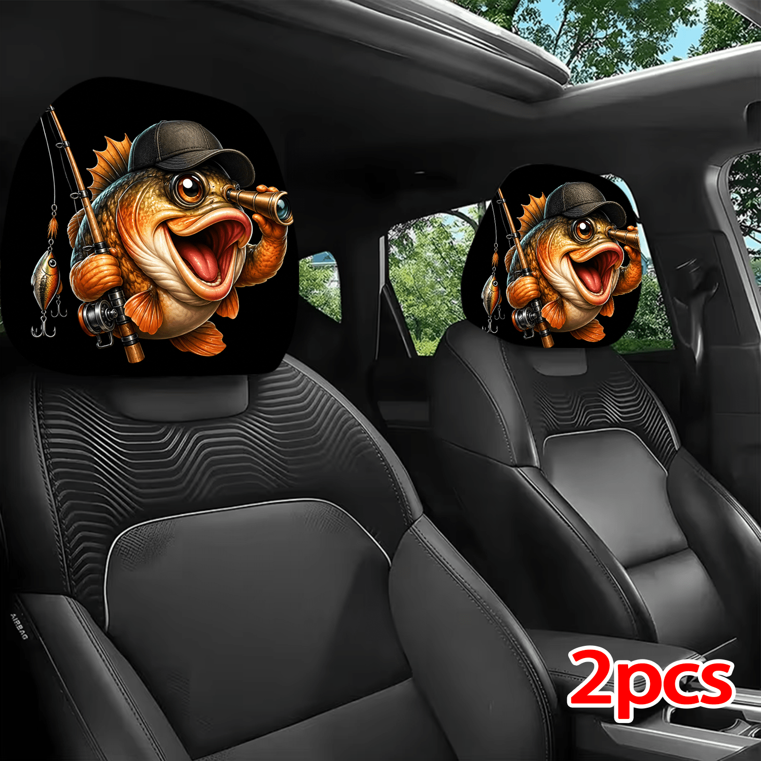TEMU 2pcs Printed Car Headrest Covers, Interior Decoration With And Universal Fit Installation, For Interior Additions, Perfect Funny Car Decoration