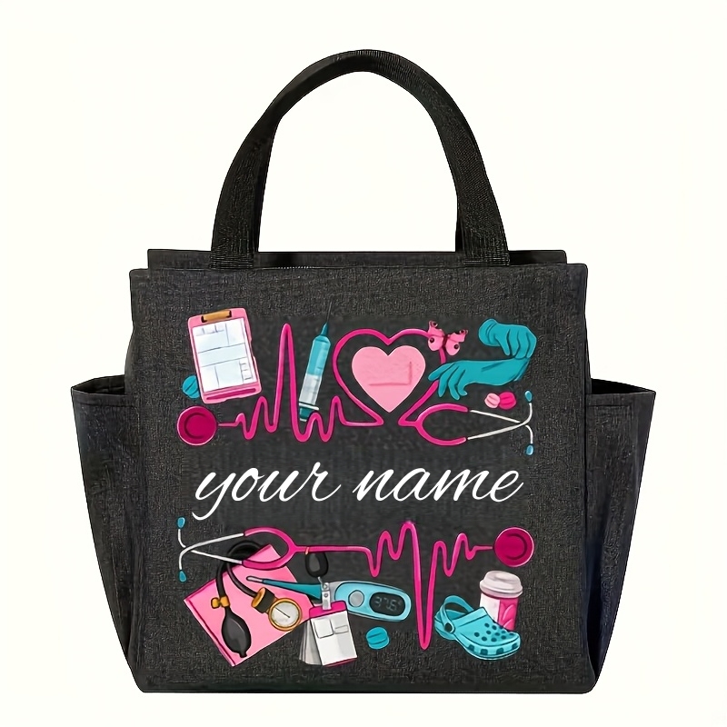 TEMU Customizable Nurse Pattern Theme Bag With Large Capacity - Personalized Name/text Option - Features Ecg And Stethoscope Designs - In