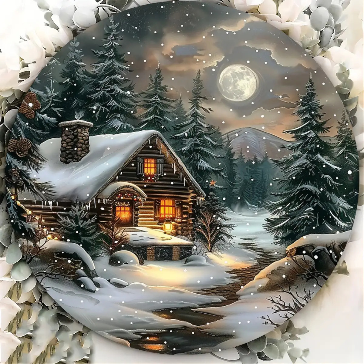 TEMU 2d Flat, 2d Flat 2d Flat, A 2d Flat Vintage Christmas Cottage Wooden Wall Decor - Round Snow Scene With Moonlight, , And Pine Trees, Classic
