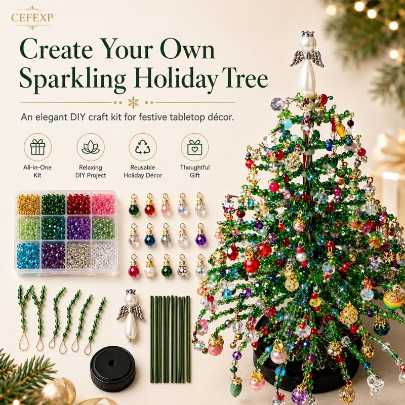 beaded mini christmas tree making kit handcrafted tabletop xmas tree decor with multicolor   ornament pendants wire additions   2pcs christmas greeting cards   gift for   christmas new year present Product details 0