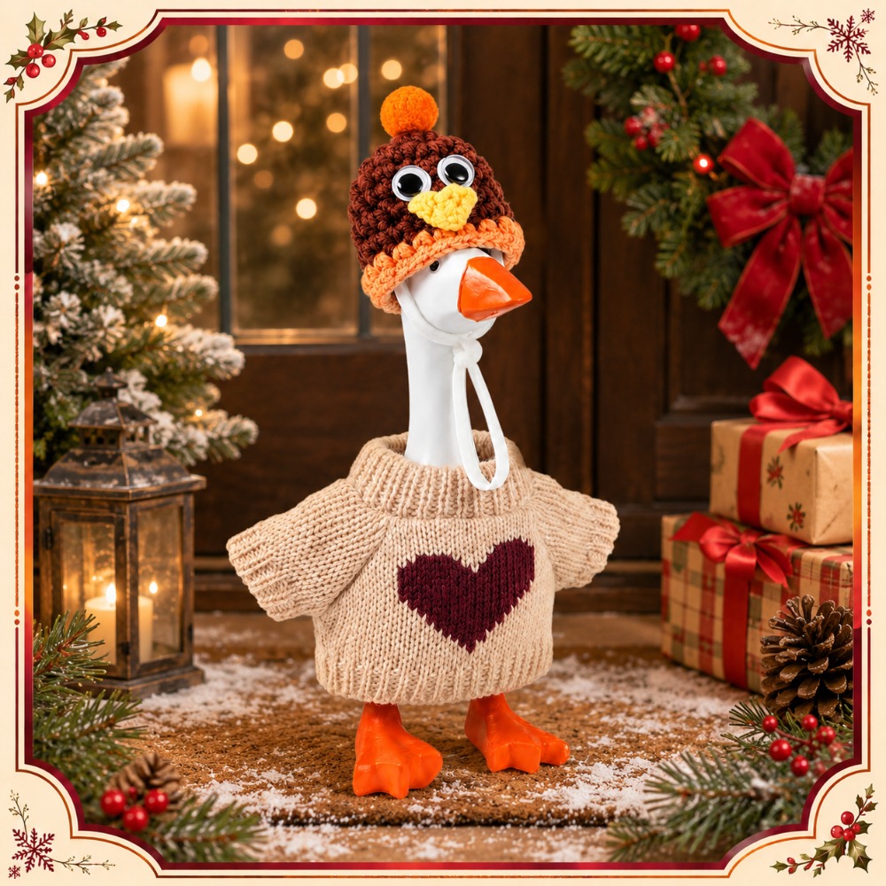 TEMU Thanksgiving Goose Statue Outfit For 7-inch Desk Goose, Turkey Knit Hat And Heart Sweater, Fall Tabletop Home Decoration Additions, Outfit ,