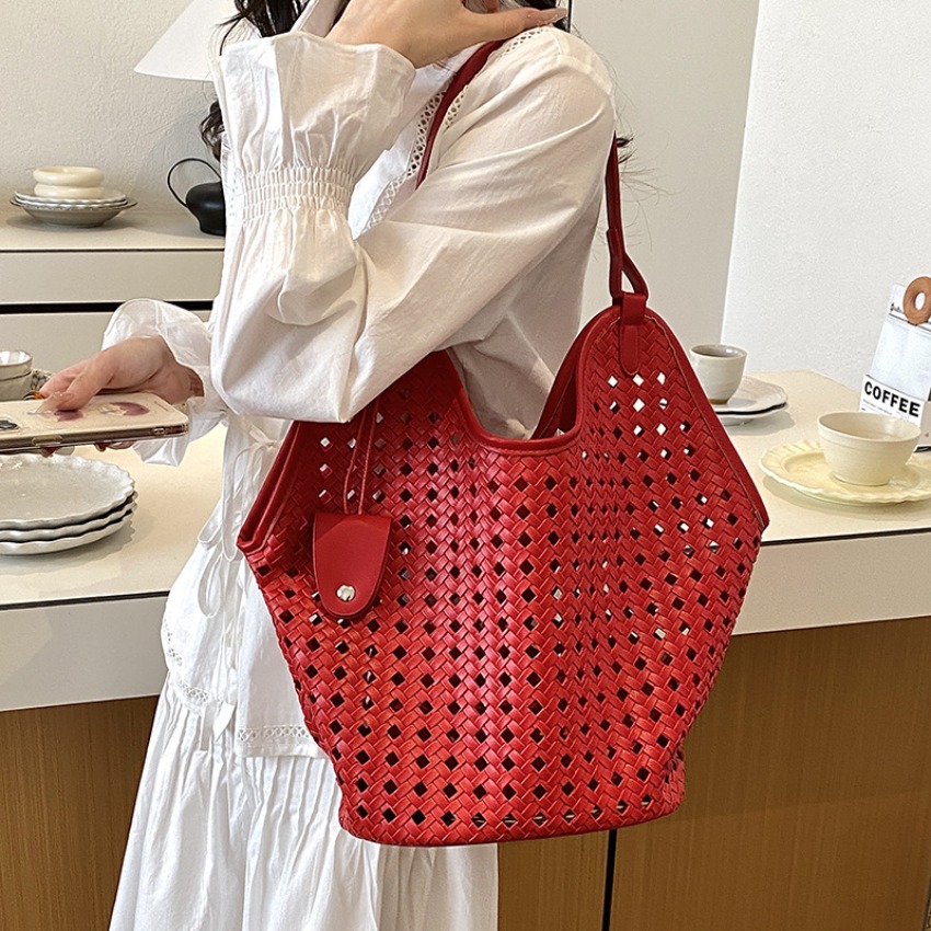 Image of Bags Women's Hollow Woven Tote Bags Large Capacity Portable Shoulder Underarm Bags Leisure Commuter Vegetable Basket Bags Woven Hand Bags