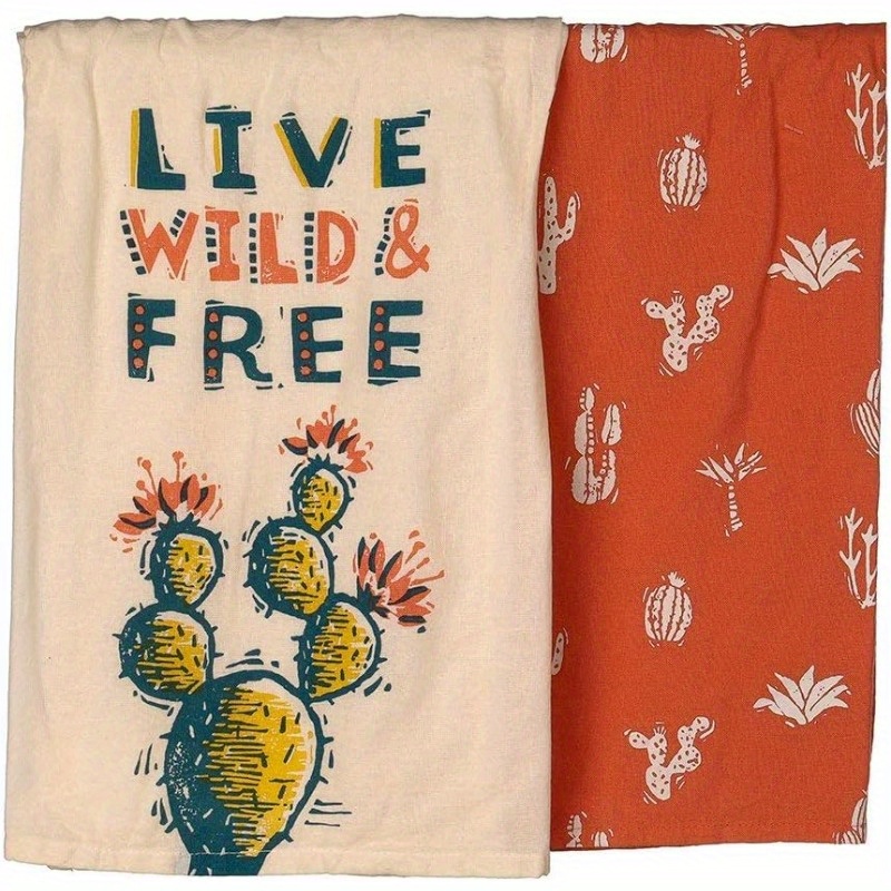 

2pcs Farmhouse Style Bath Towels, 18x26 Inches, " & Free" Cactus Design, 100% Polyester, Woven, 240gsm, Contemporary Oblong Towels For Couples & Friends