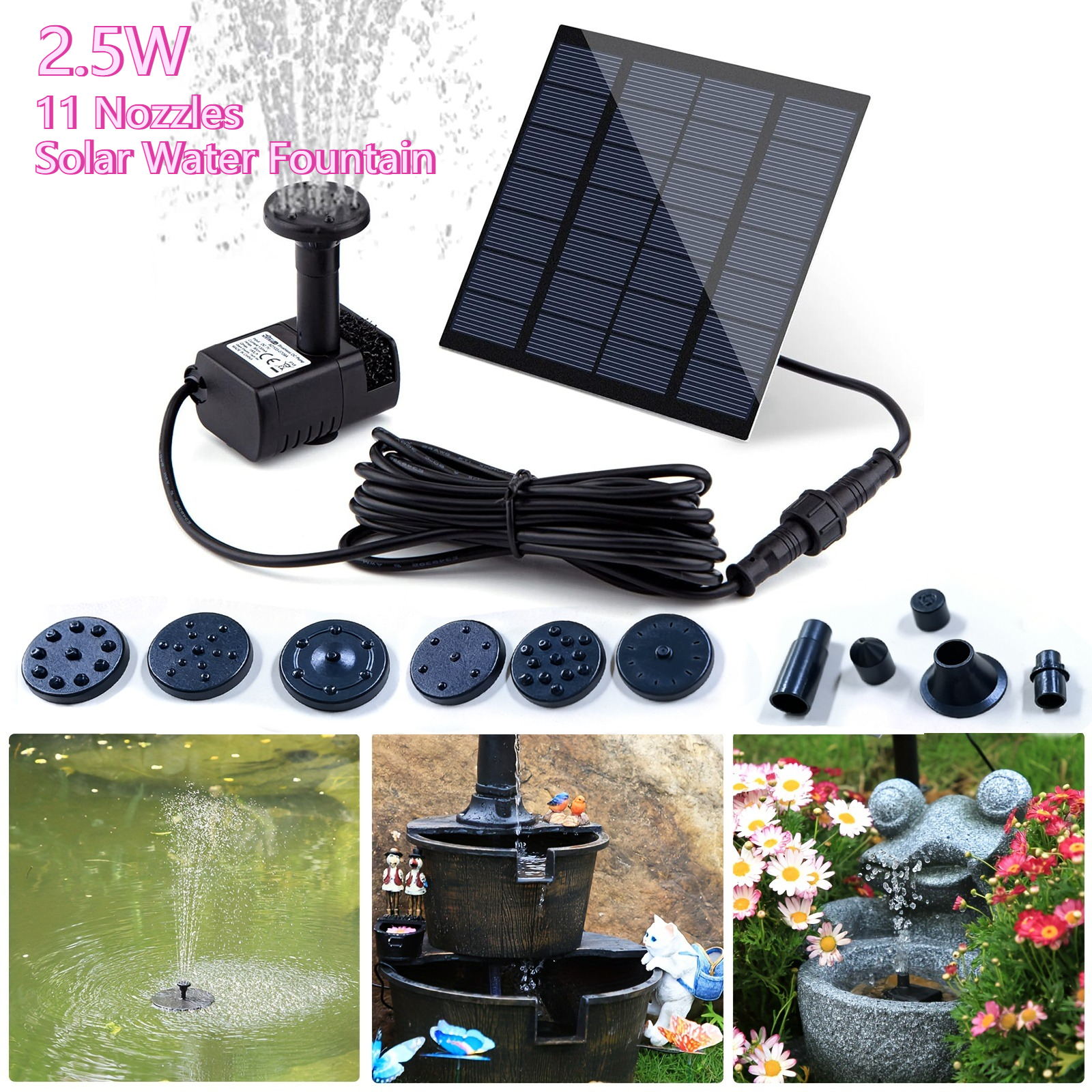 TEMU Solar Fountain Pump With 10ft Cable, 2.5w Solar Panel Water Pump Kit With 11 Nozzles, Submersible Solar Water Pump For Bird Bath, Garden, Pond,