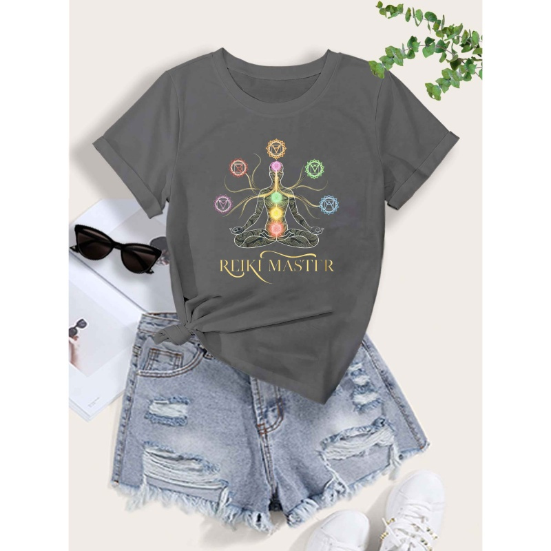 

T-Shirt Chakra Reiki pour Femme - Noir avec d'Arbre Coloré, Manches Courtes et Col Rond, Mélange de Polyester Extensible, Haut Décontracté pour l'Été et