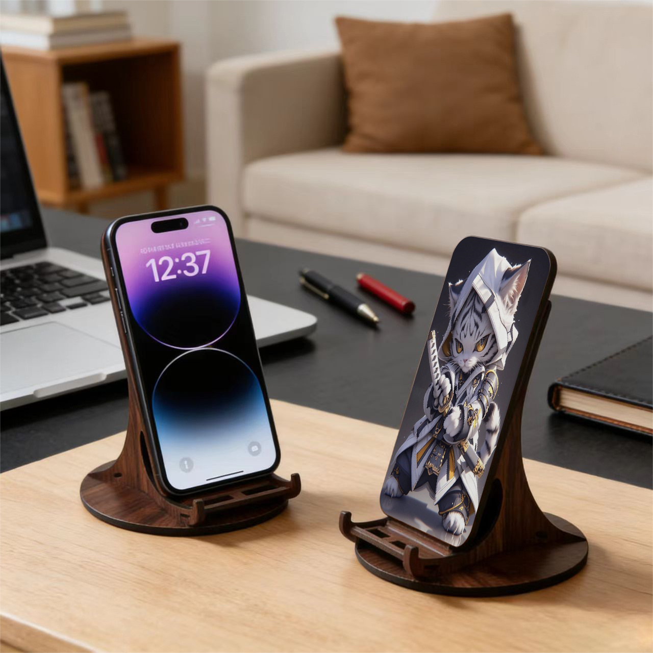 Image of A Creative Wooden Phone Stand With Printed Design, Perfect For Home Decor, Holiday Gifts, New Year Presents, And Office Or Bedroom Decorations