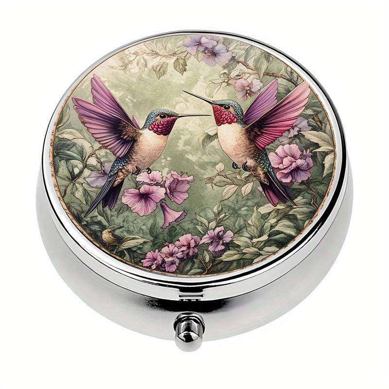 TEMU 1pc Pill Box With 3 Compartments Hummingbird Floral Theme, Mini Pill Container, Pill Organizer, Decorative Vitamin Organizer For Pocket Or Purse