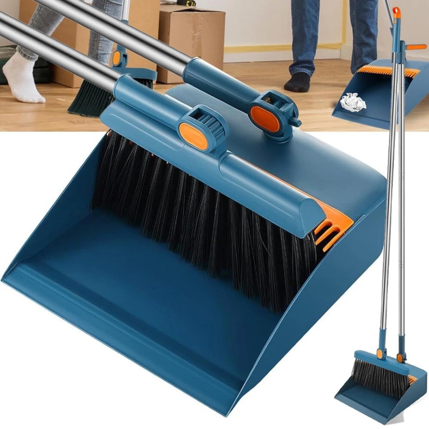 Dustpan And Broom Set With 180 Degree Rotating Connection Joint Adjustable Stainless Steel Handle