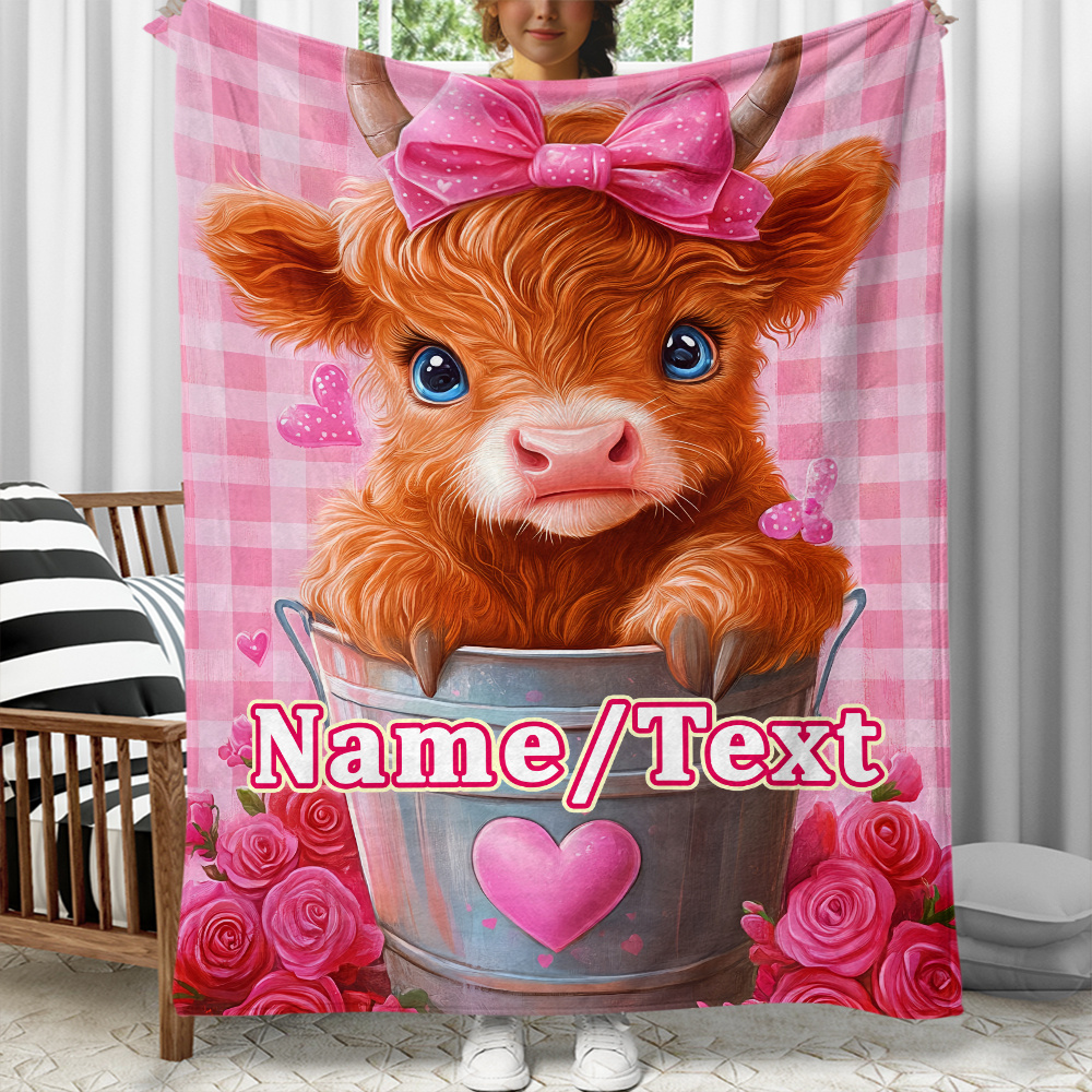 

1pc Style Custom Name Highland Cow Flannel Blanket - 100% Polyester, , All , Tear Resistant, Lightweight For Sofa, Bed, Travel, Camping, Office - Soft Knitted Fabric, 200-250gsm