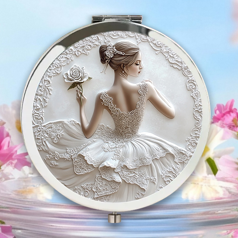 Image of 1pc 2d Flat Portable Folding Makeup Mirror Featuring A Ballerina In A Flowing Dress With An Intricate Bun, Perfect For Applying Makeup Or Checking Your Look Before Event, 2d Flat
