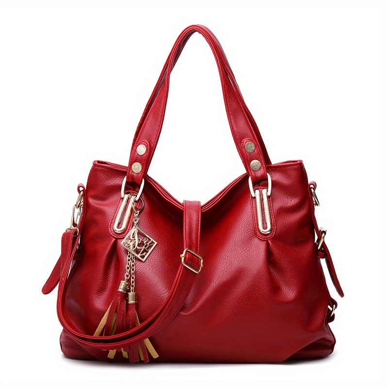 TEMU Pu Stylish Spacious Women's Tote, Soft Shoulder Bag, Crossbody Bag With Tassel Accents, Multiple , Ideal For Dates, Shopping, And Commuting