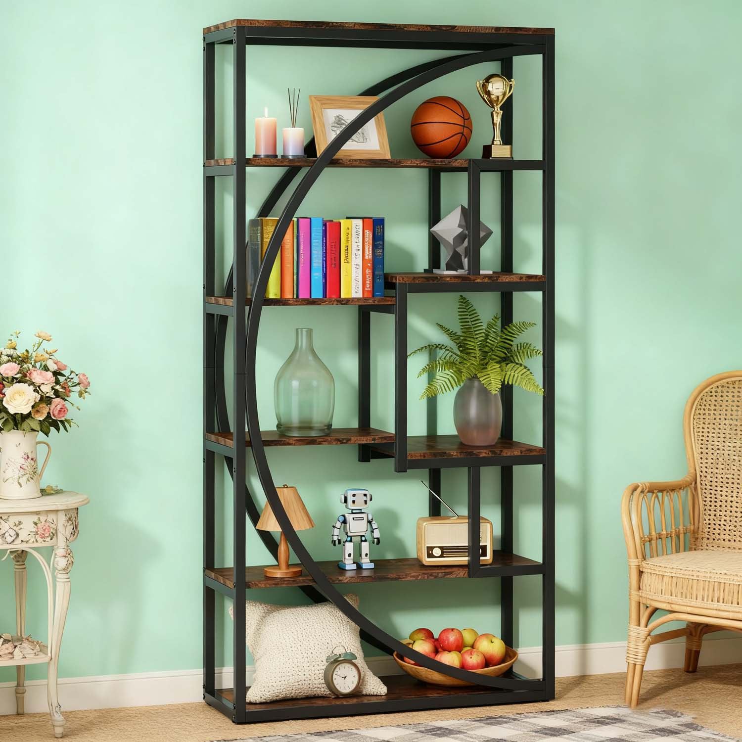 Image of A -inch Tall Industrial Bookshelf Featuring A Metal Frame, This Six-tier Bookcase Brown Display Shelves Ideal For Your Living Room Or Home Office, Making It A Great Gift Idea For The Christmas Holiday