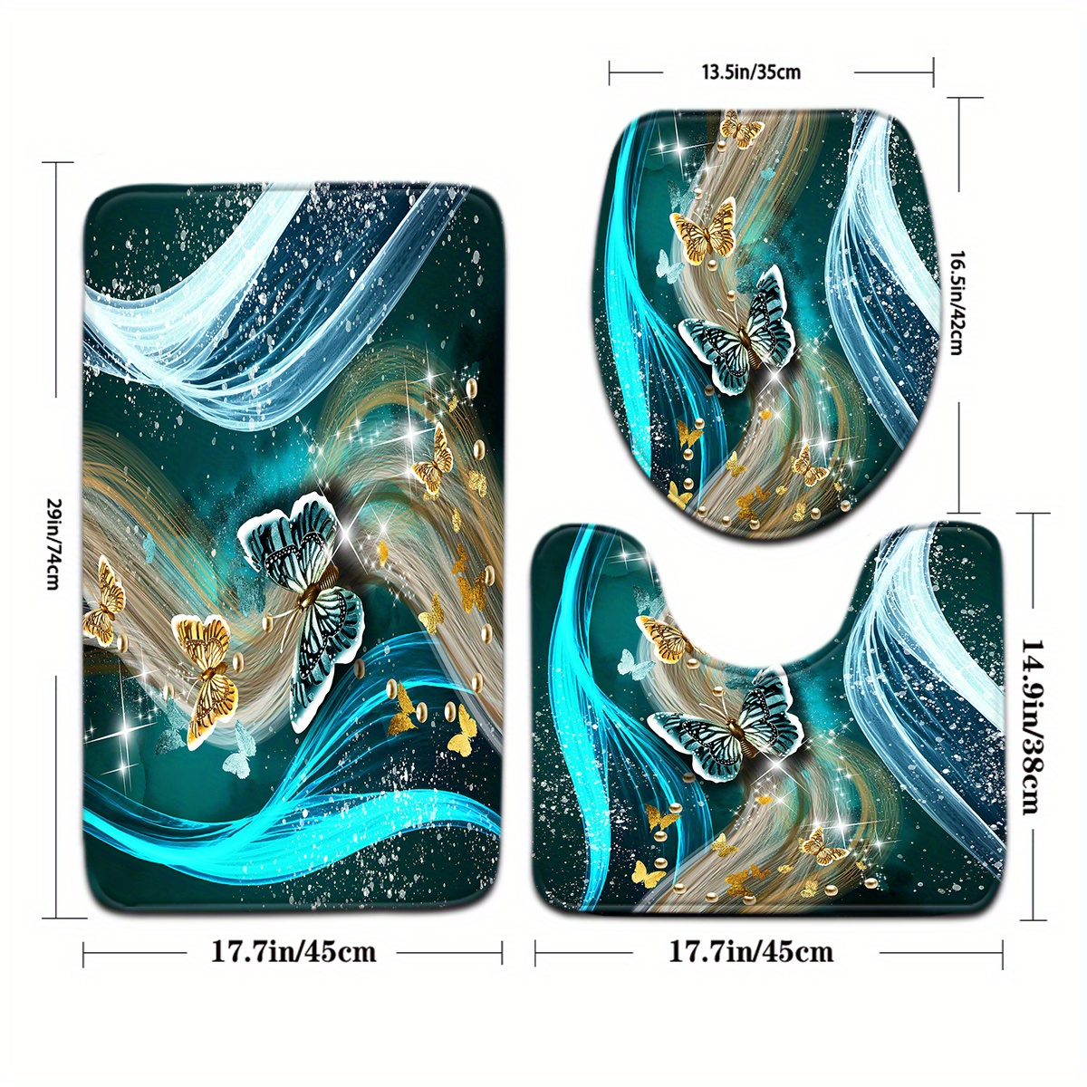 3pcs Green Streamer Pattern Bathroom Mat Set Toilet Seat Ring U-shaped Foot Mat