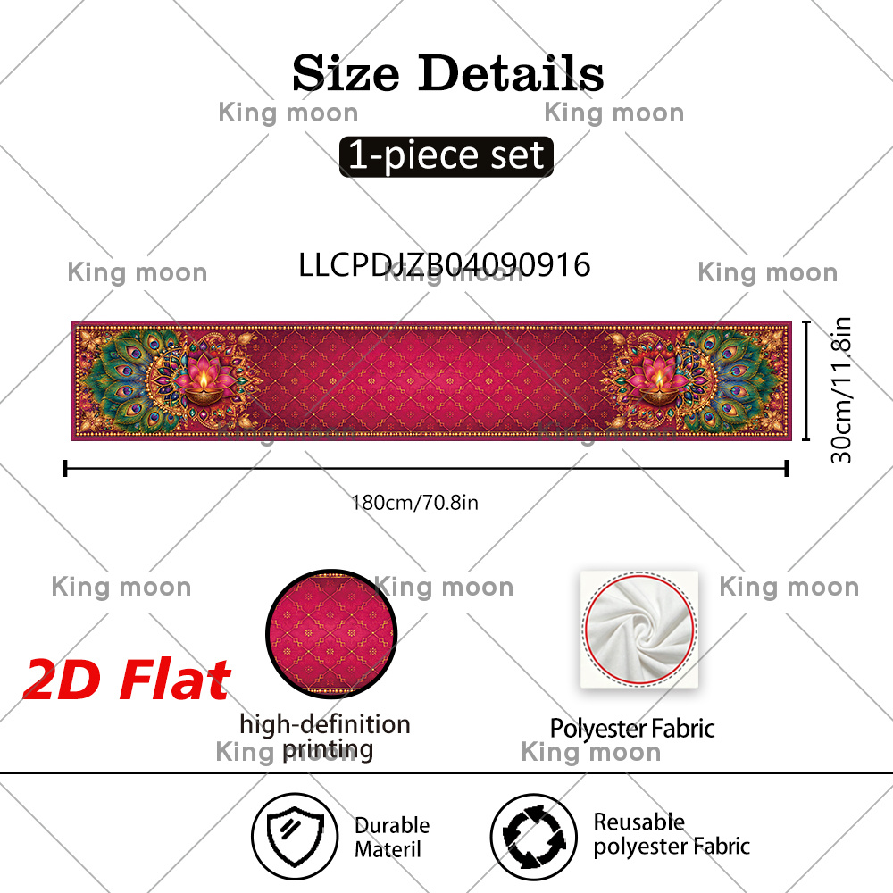 TEMU 2d Flat Banner, 1pc Diwali Tablecloth, Material, Size 30x180cm/11.8×70.8in, Burgundy Base With Golden-colored For Lotus And Peacock Pattern,
