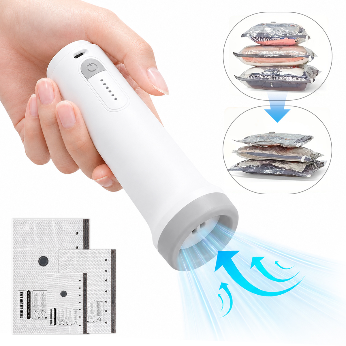 TEMU Hotu Rechargeable Handheld Vacuum Pump With 3 Vacuum Storage Bags In Each Of 3 Sizes; 25w 1500mah Usb-c Vacuum Sealer; Portable, Space-saving