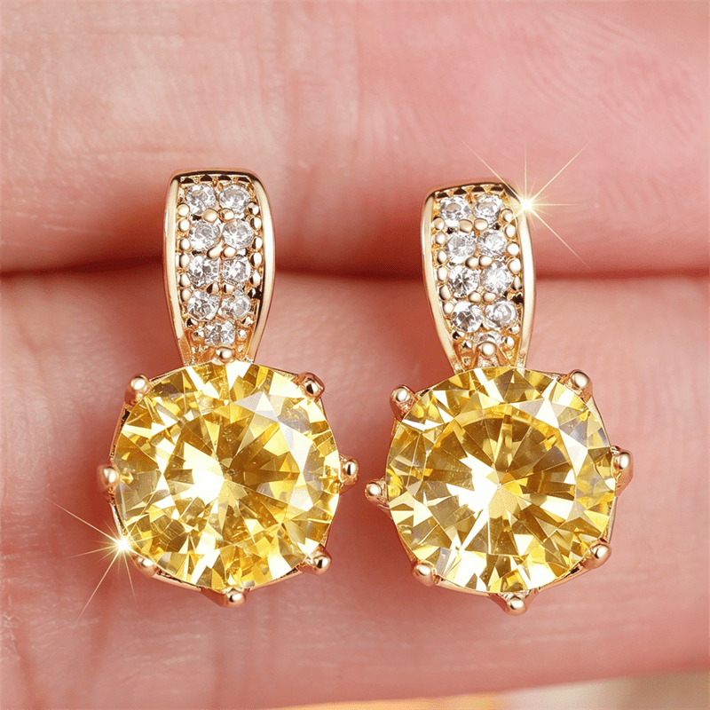 TEMU Boucles d'oreilles clou à synthétique jaune, coupée en rond, couleur or de luxe, zircon synthétique, bijoux de bague, cadeaux de Saint-Valentin,