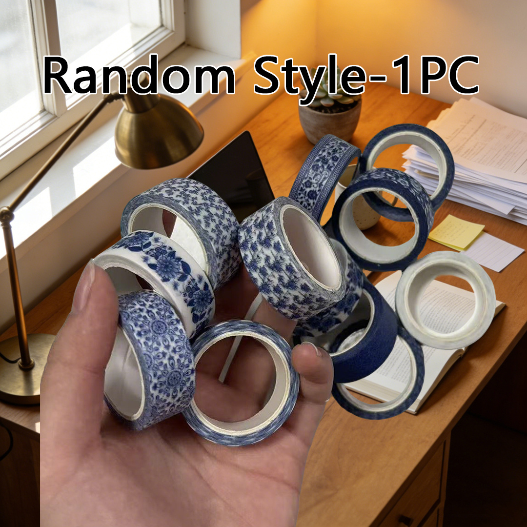 TEMU 1pc Random Style Blue And White Porcelain Pattern Semi-matte Decorative Masking Tape - Chinese Style Porcelain Pattern Washi Paper Material -