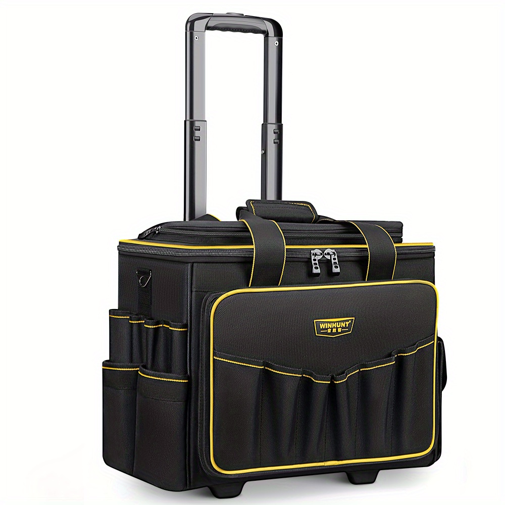 WINHUNT Heavy-Duty 18-Inch Tool Bag with Telescopic Handle & 2 Wheels, 32-Pocket Organizer, Durable Polyester Tool Trolley Case with Ergonomic Handle & Smooth-Rolling Wheels for Professional & DIY Tool Storage - Black Tool Chest for Job Site, Workshop, Home Use, Workshop Organization, Compact Organizer, Reinforced Stitching, Longlasting Material, Workshop Professionals, Construction Workers