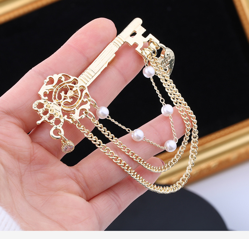   elegant key shaped brooch with rhinestones irregular pearl and chain tassel fashion korean style trendy pin accessory for women and men details 4