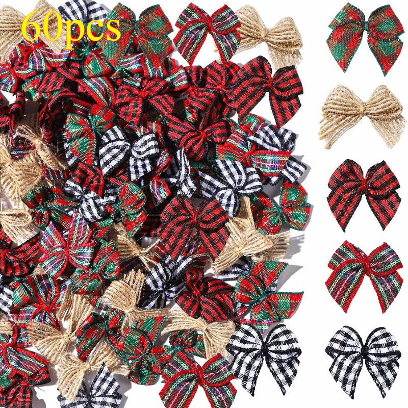 TEMU 60 mini nœuds de Noël, nœuds en ruban à carreaux pour loisirs créatifs, nœuds à capuche en toile de jute à carreaux de 1 pouce pour décorations