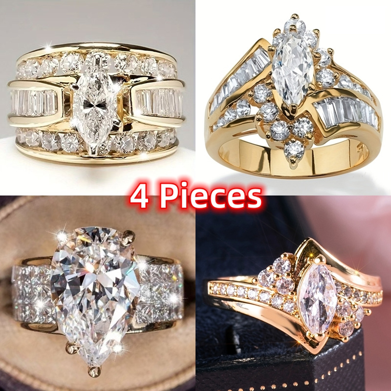 TEMU 4pcs Sparkling Golden Women's Rings Synthetic Zirconia Rings For Men/women Engagement Wedding Band Promise Ring Merry Christmas Valentine's Day Anniversary Gift For Her Jewelry Ring