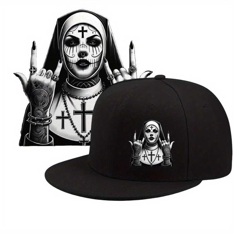 Image of Halloween-themed Nun Print Design Trendy Baseball Cap, Streetwear Snap Button Baseball Cap, Adjustable For Men And Women, Street Fashion Hip-hop Baseball Cap