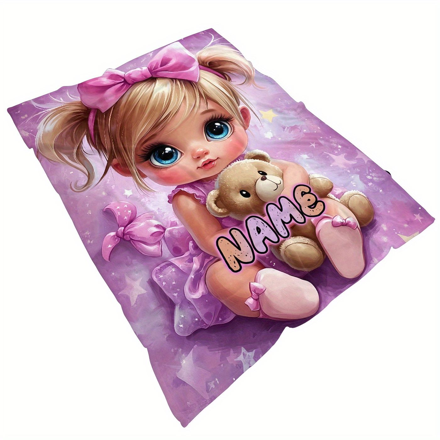 Customized ID Pink Cute Girl and Teddy Bear Flannel Blanket