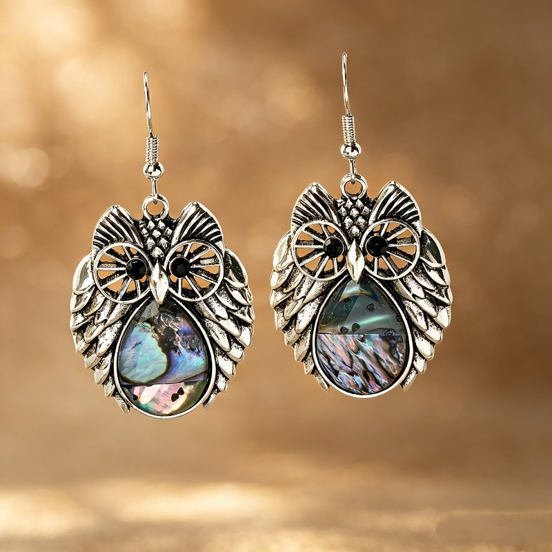 Bohemian Owl & Elephant Abalone Shell Earrings, Ethnic Style