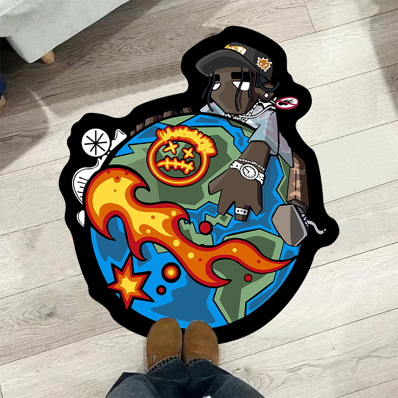 1pc hip hop inspired round area rug vibrant   design with flames stars earth   black blue polyester mat for bedroom or living room decor indoor area mat   room accent durable polyester area rugs for living 0