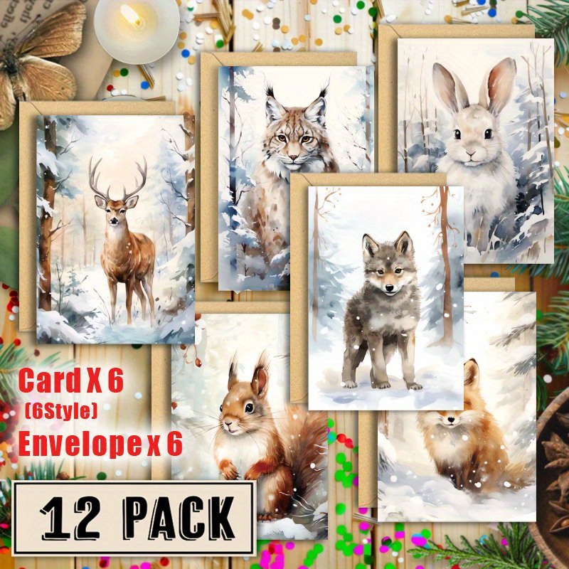 

12pcs Winter Animal Blank Greeting Cards With Envelopes, Mixed Colors - All Notecards Bulk Set For Family, Friends, And Colleagues, Holiday,