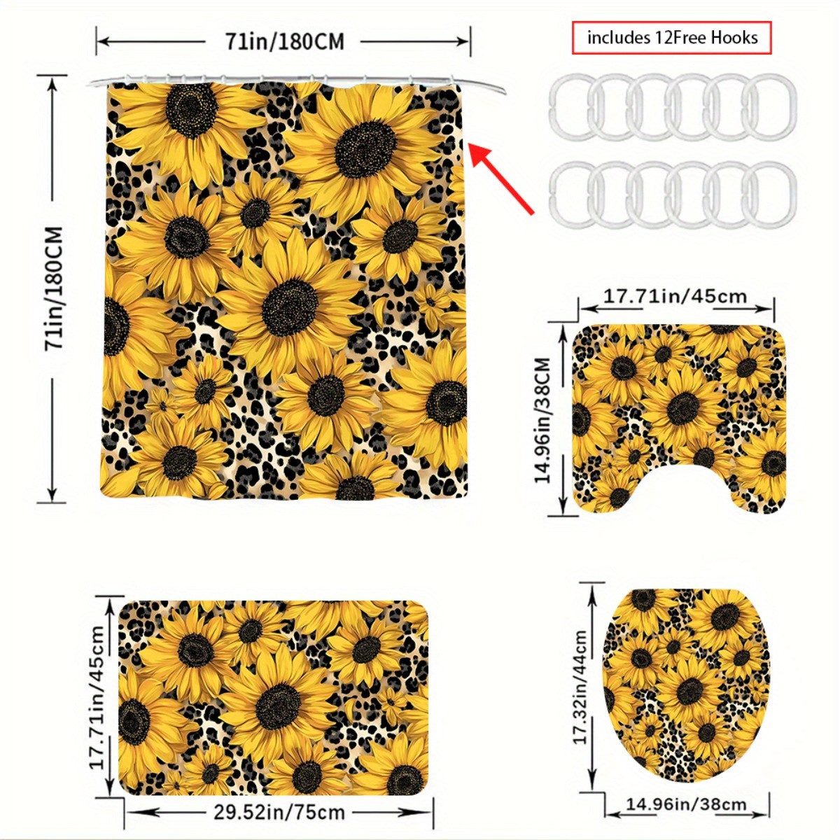 Sunflower Bathroom Set with Shower Curtain and Non-Slip Mats