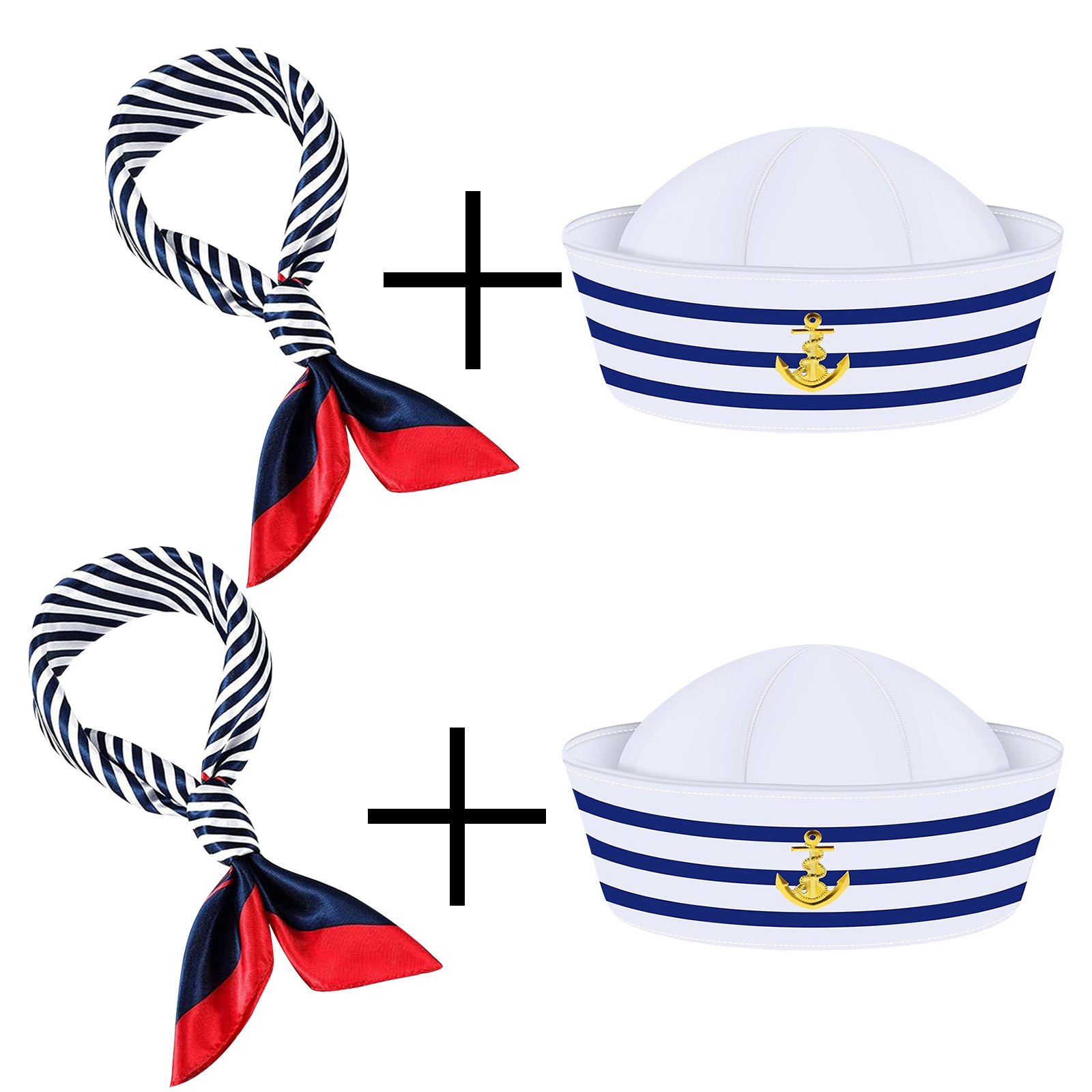 TEMU A 4pcs Summer Set Featuring And 2 Square Scarves, Including A Blue And White Striped Sailor Hat, A Striped Scarf, And A Women's Captain Hat For
