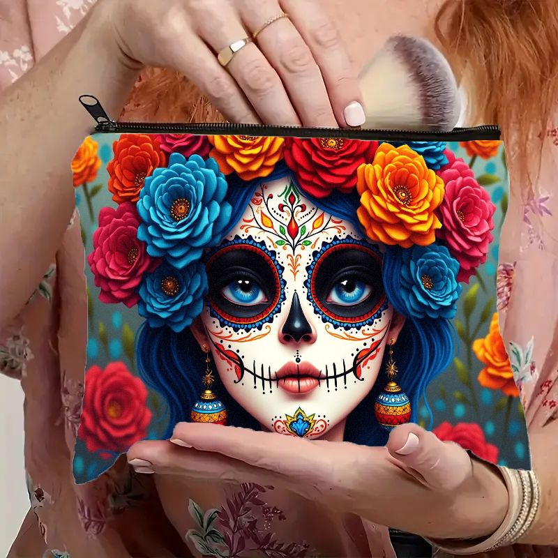 TEMU 2d Flat Design, 1pc Of The Dead Sugar Double-sided Makeup Bag With Zipper Closure—lightweight And Colorful Calavera Floral Print Cosmetic Pouch,