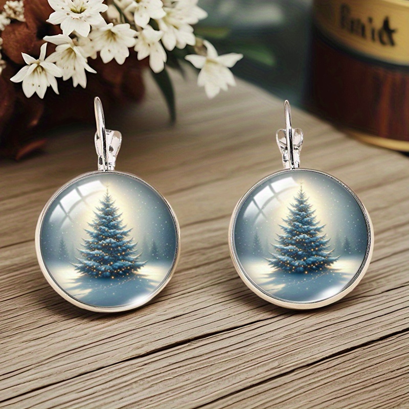TEMU Fashionable Christmas Tree In The Snow With Illustrations Round Glass Earrings Fashionable Jewelry Gifts