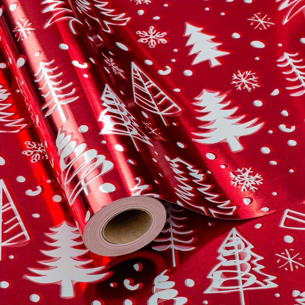 TEMU 1 Roll Christmas Red Wrapping Paper - 17 Inches X 33 Feet - Luxurious Tree And Snowflake Foil Roll Gift Wrapping Paper, Gift Wrapping Paper |