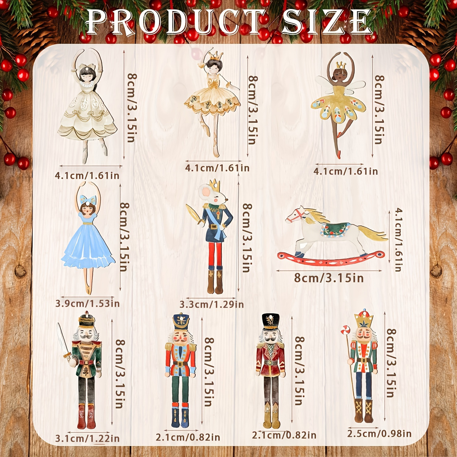 TEMU Set Of 20 Wooden Nutcracker Ornaments Christmas Tree Hangings Includes Princess Dancer Mouse King Soldier Figures Holiday Party Favors Vintage