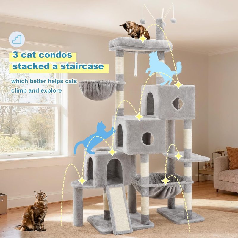Tree Tower, Scratching Posts with 3 Condos, Large Basket, Cozy Bed, Sisal Board, Step-by-Step Climbing Pathway and Toys, 189.99 cm Furniture Big Indoor Cats, Light Gray MPJ081W