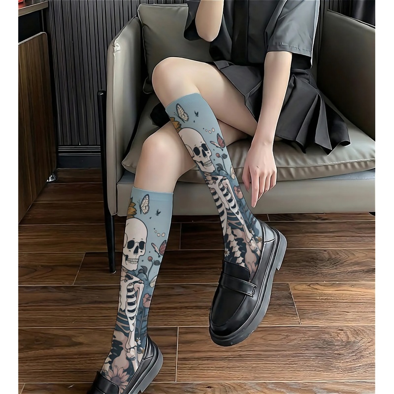 TEMU 1 Paire de Chaussettes pour Gothique - Chaussettes Hautes JK Fairy à Imprimé et Papillon, Fines, Adaptées pour , Tenues Décontractées d'Été et à