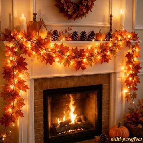 christmas artificial maple leaf vine with warm led string lights realistic 3d autumn leaf vines in orange red yellow and green and durable material for halloween and wedding decor