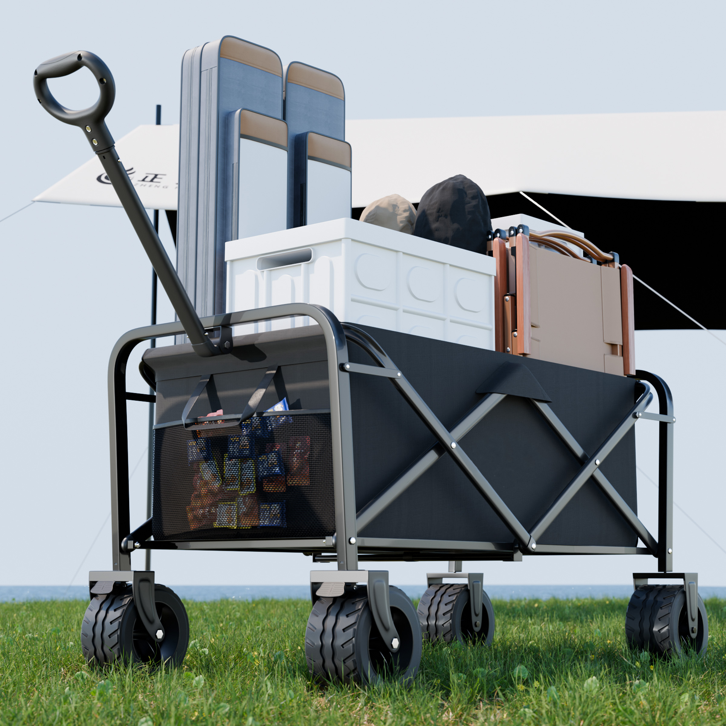 Image of Outdoor Utility Wagon, 180l Collapsible Garden Trolley With Adjustable Handle, 4 Wheels, Camping, Heavy Duty
