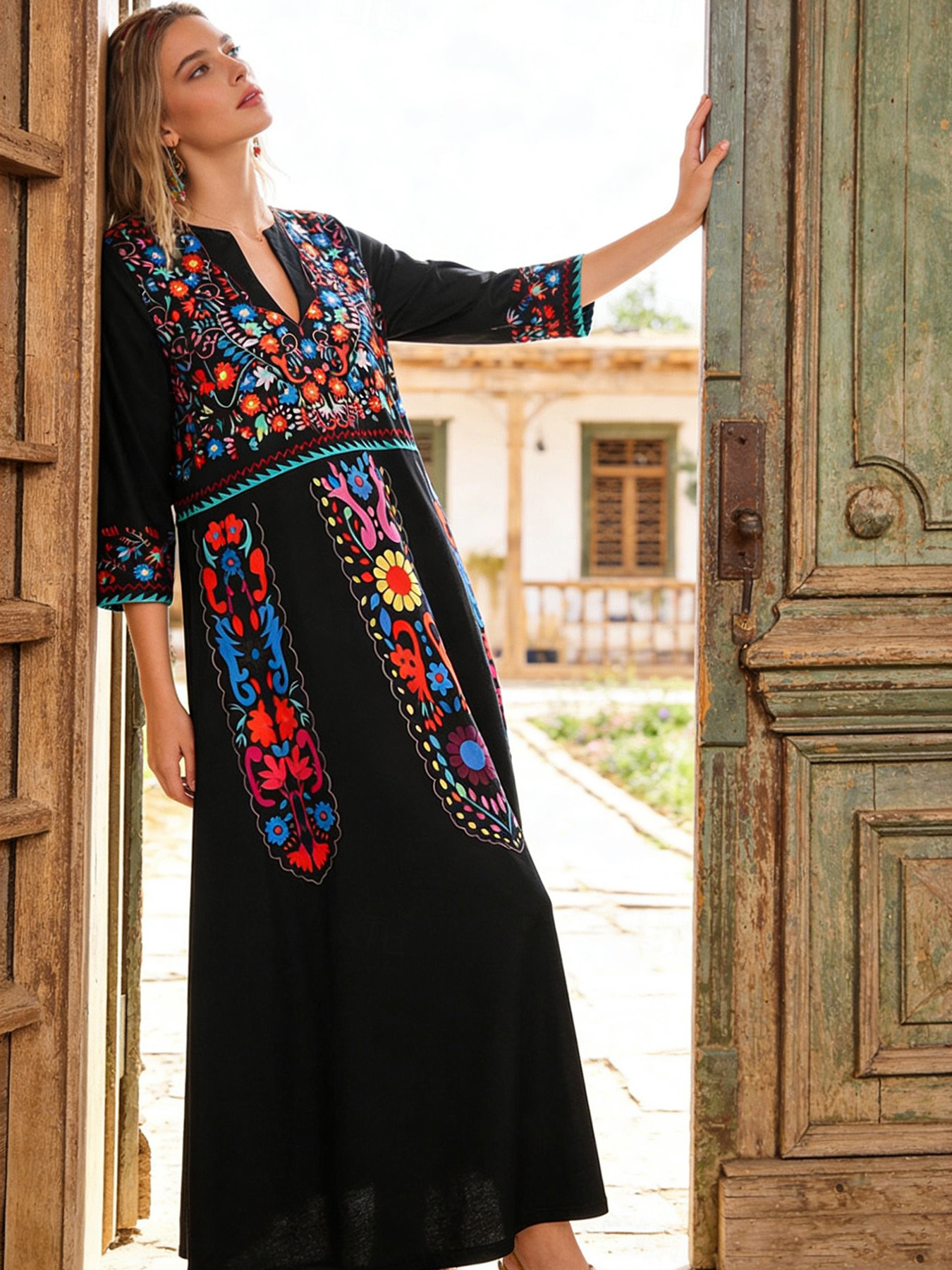 green emerald velvet dress Baha Ranch Southwestern Aztec Sleeveless Bodycon Side Slit Western Max