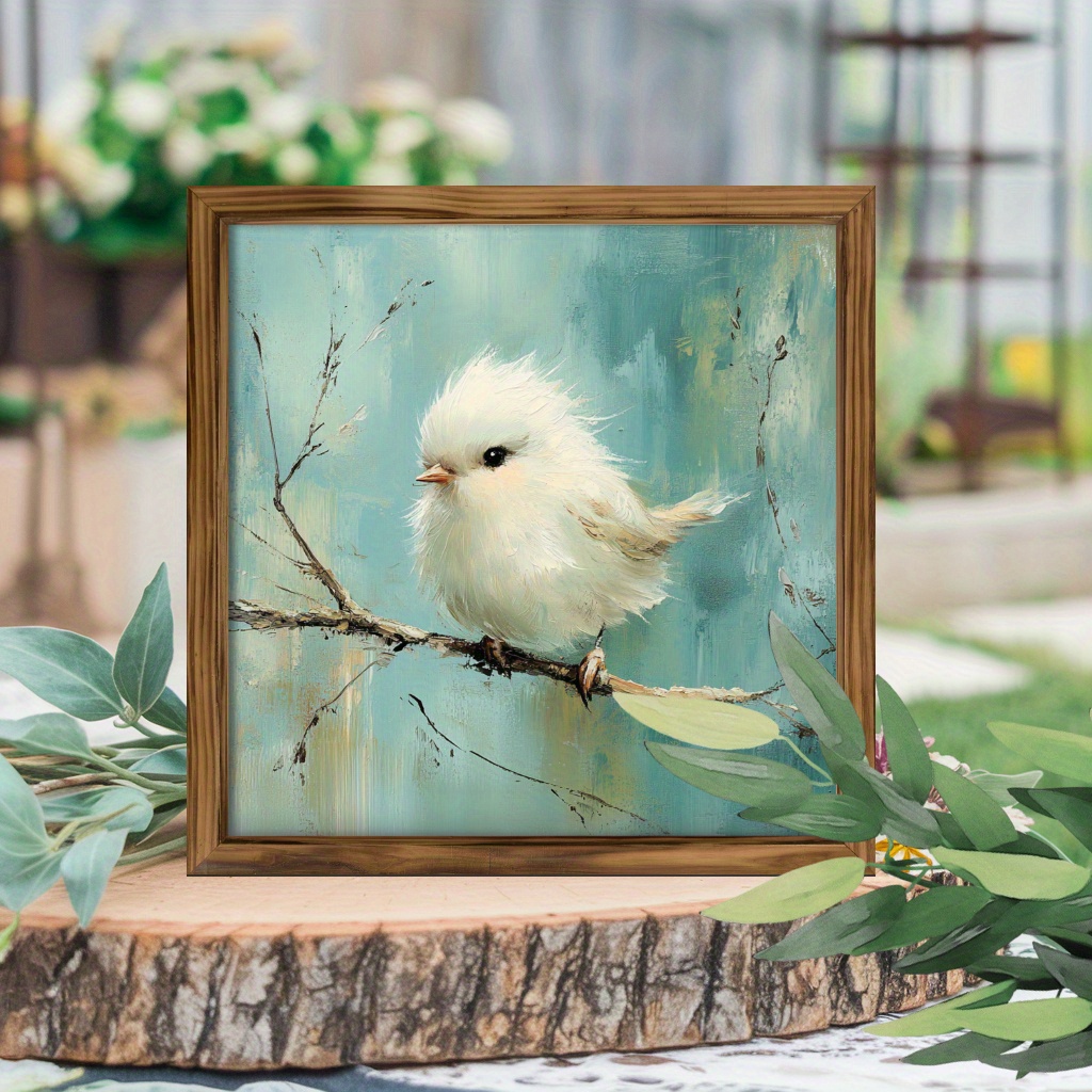 TEMU 1pc Fluffy Bird On Branch Frame Wooden Sign Wall Art Wall Hanging Decor For , Bedroom, Living Room, Kitchen, Office, Housewarming Gifts 8x8 Inch