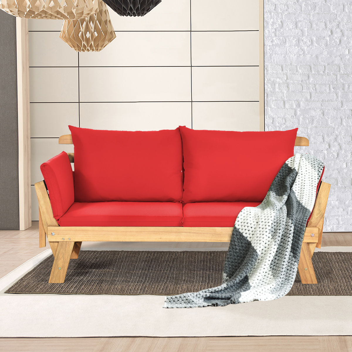 COSTWAY Outdoor Transformable Couch Bed Sturdy Wooden Adjustable Piece with Thick Red Cushion