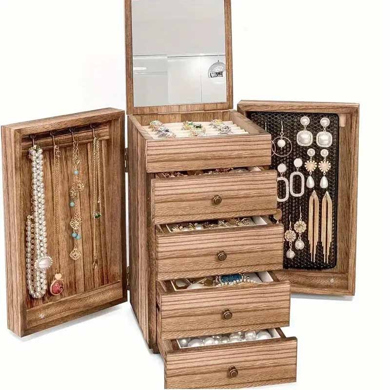 TEMU 5-layer Jewelry Storage Box, Dressing Table Essential Jewelry Storage Display Ring, Earring, Necklace, Rustic Wooden Jewelry Box And Mirror