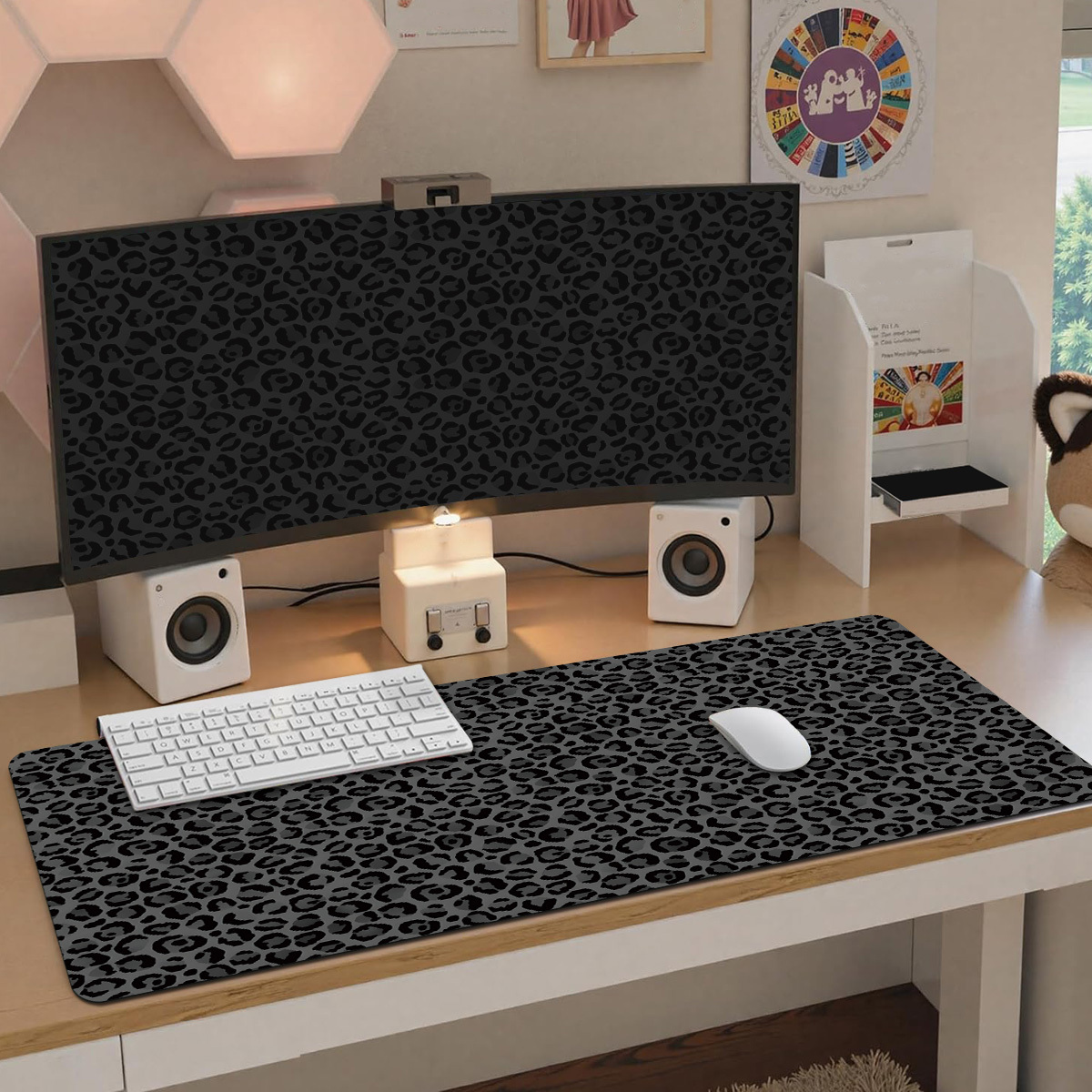 TEMU 1pc Extended Gaming Mouse Pad And Pc Desktop Keyboard Pad - Leopard Print Pattern - Laptop Protective Pad Desk Mat - Durable Non-slip Base Sizes