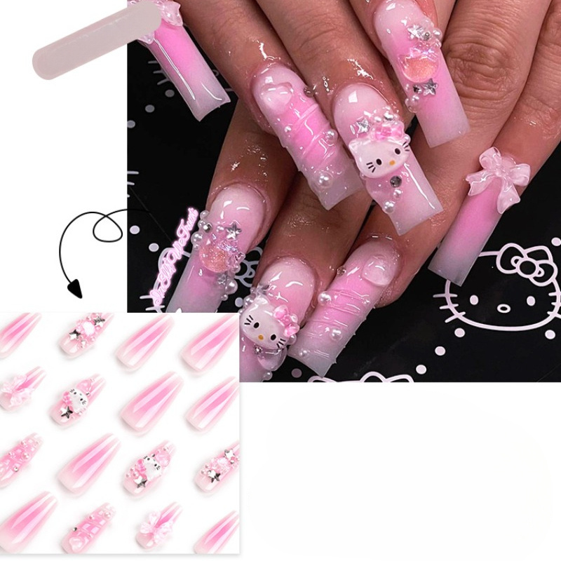 

24pcs Cute Kawaii Nail , 3d Water Design, & Bow Embellishments, Unscented Armor Effect Nail Decor Set