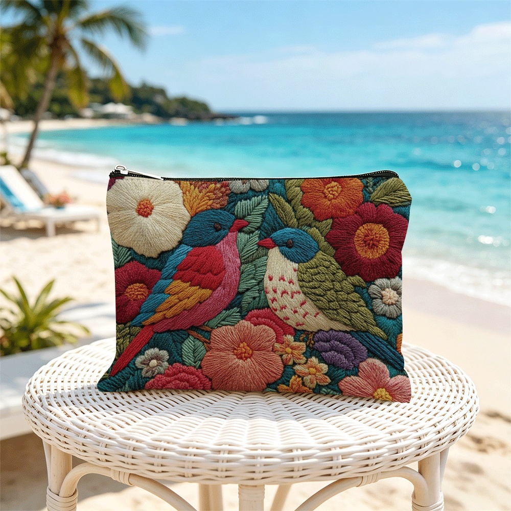 TEMU Portable Makeup Storage Bag, Colorful Birds And Flowers , Zipper Closure, Student Stationery Pouch, Cosmetic Organizer, Wallet, Suitable As A